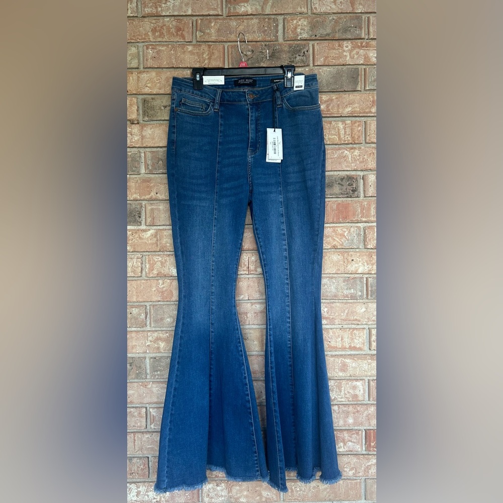 JUDY BLUE Super Flare High Waist Distressed Hem Stretch Blue Jeans 15/32 NWT